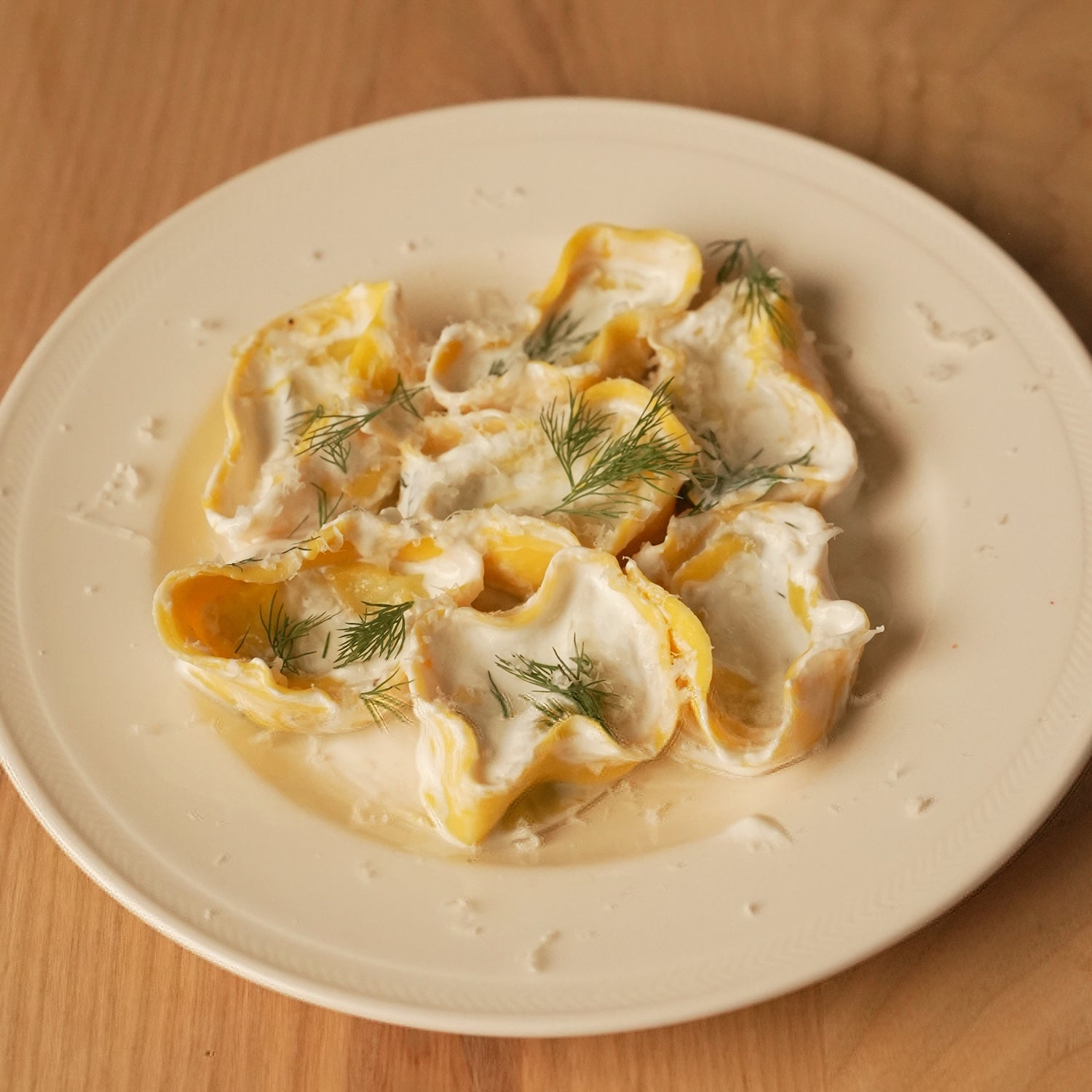 Mateo Zielonka’s cappelletti filled with potato &amp; mint, served in a mascarpone dill sauce