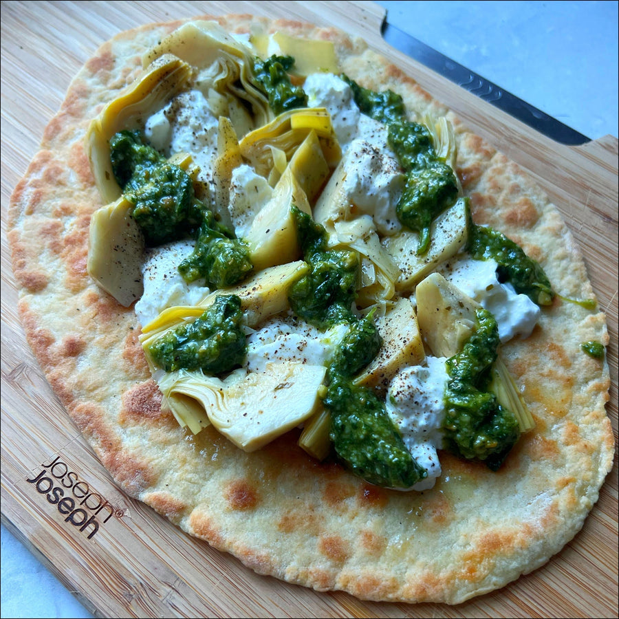 Flatbreads with Artichokes, Burrata &amp; Pesto