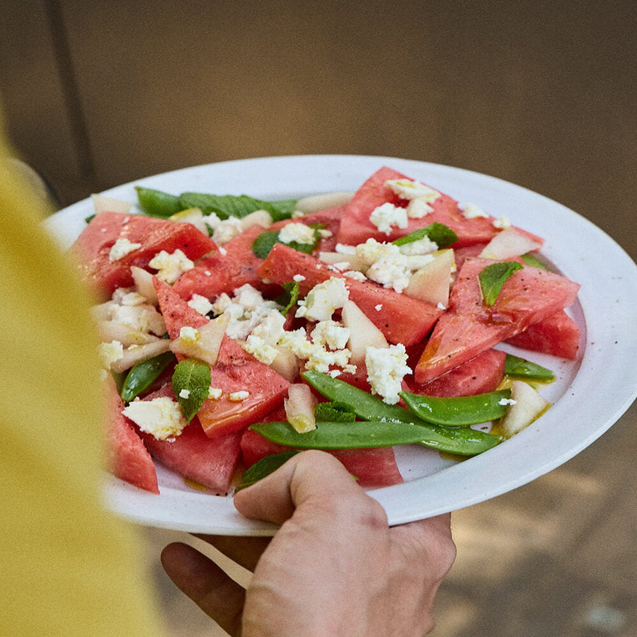 Watermelon salad with feta, mint and pickled rinds