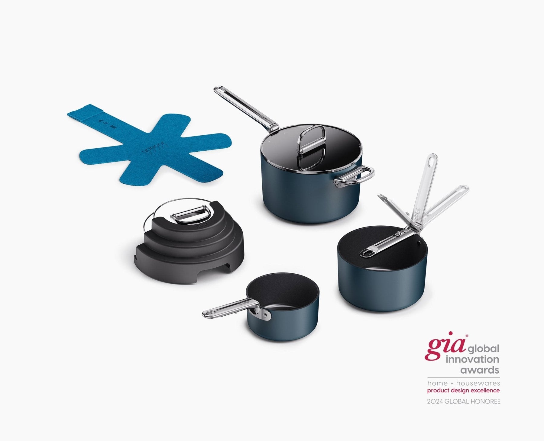 Space Stack Folding Handle Non-Stick 3-Piece Blue Saucepan Set With Lid Storage