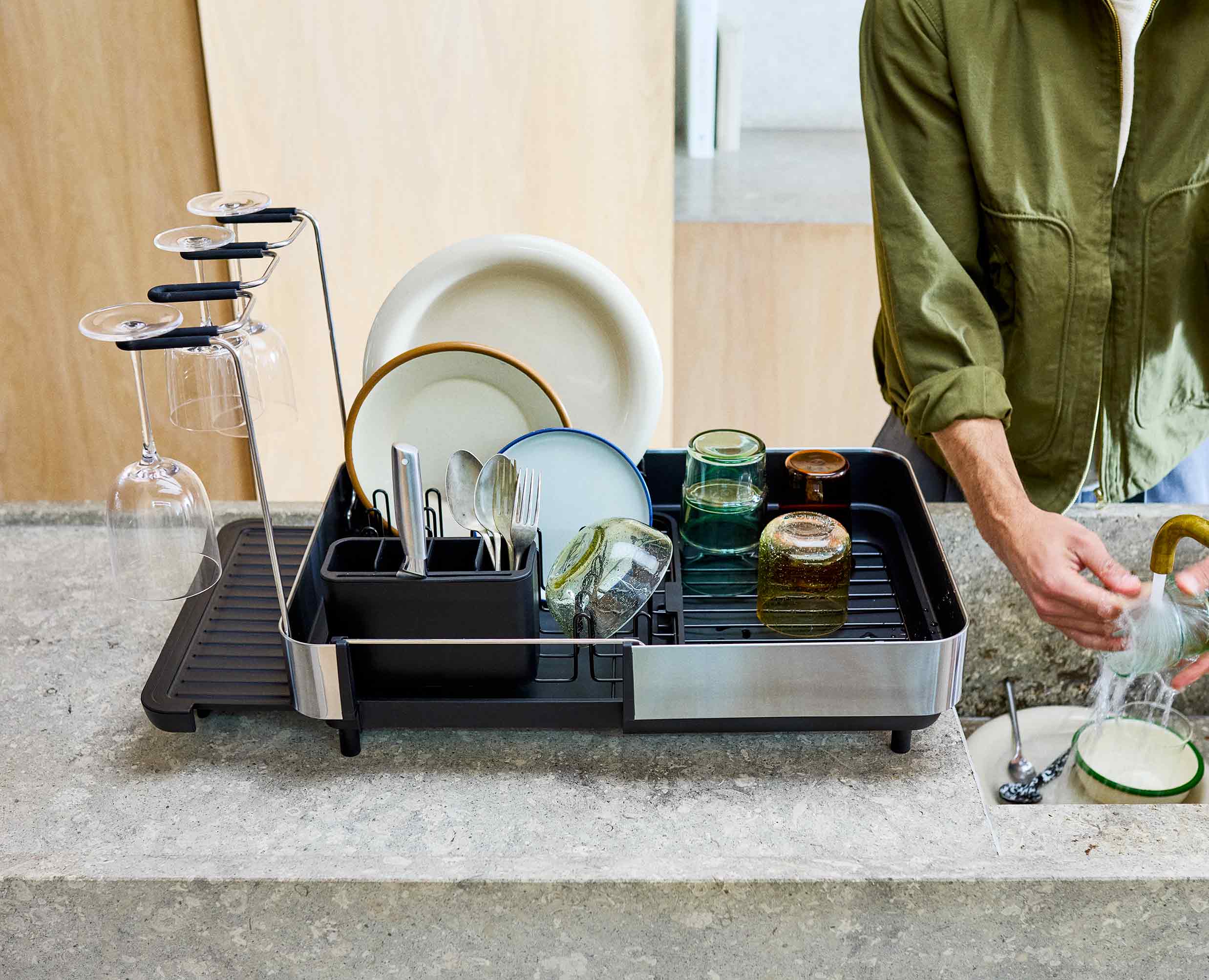 Extend™ Steel Plus Expandable Black Dish Drainer with Wine Glass Rack