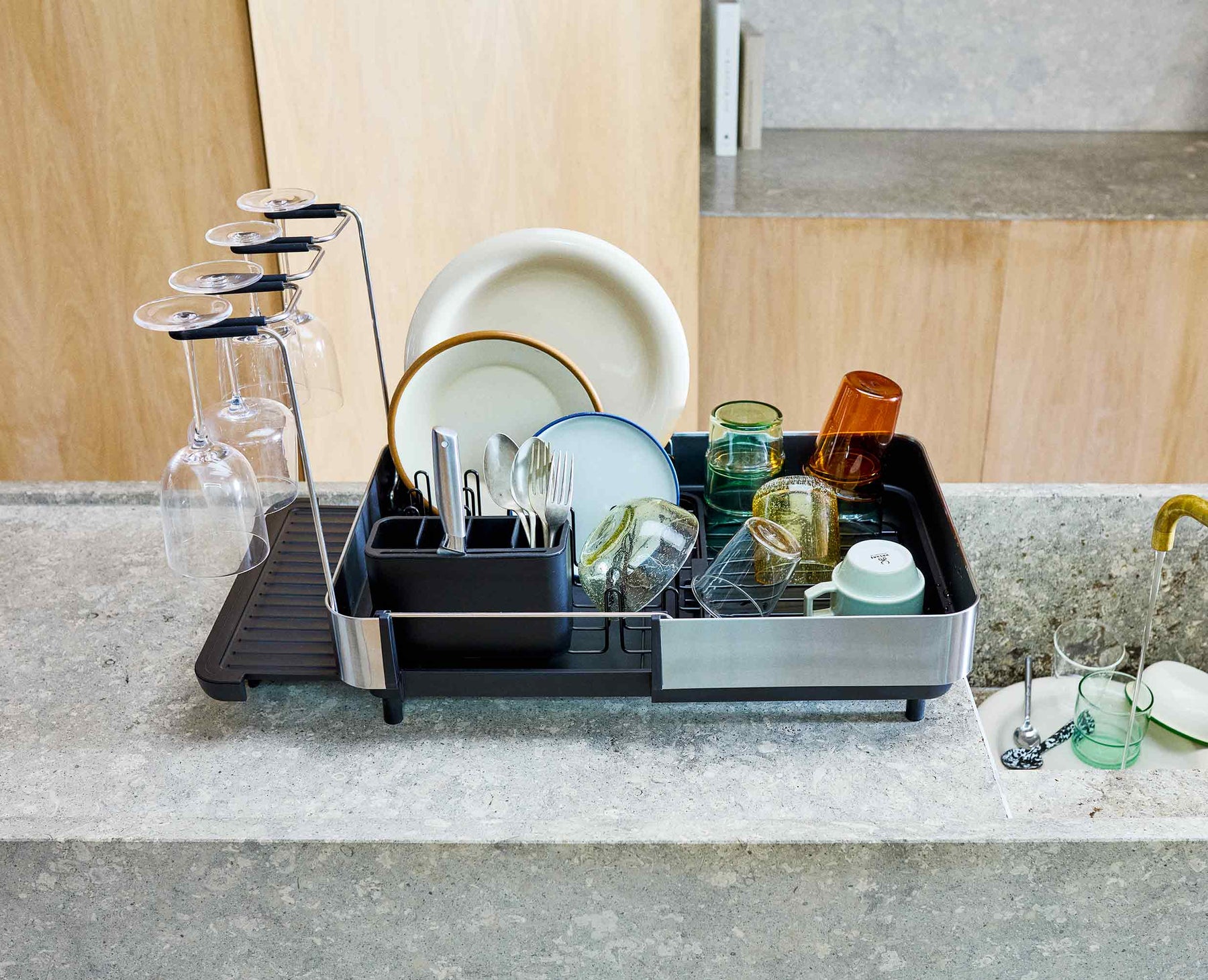 Extend™ Steel Plus Expandable Black Dish Drainer with Wine Glass Rack