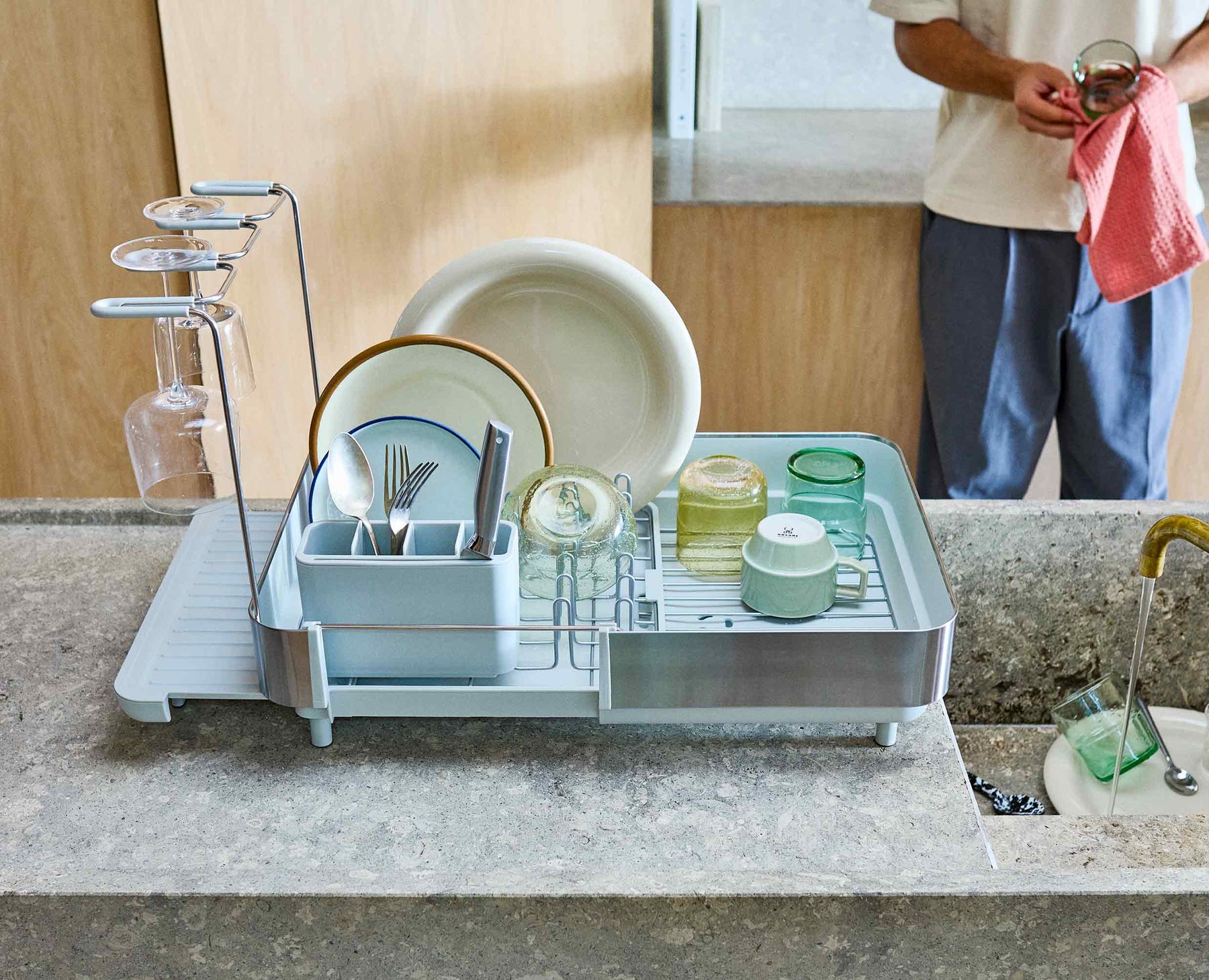 Extend™ Steel Plus Expandable Stone Dish Drainer with Wine Glass Rack