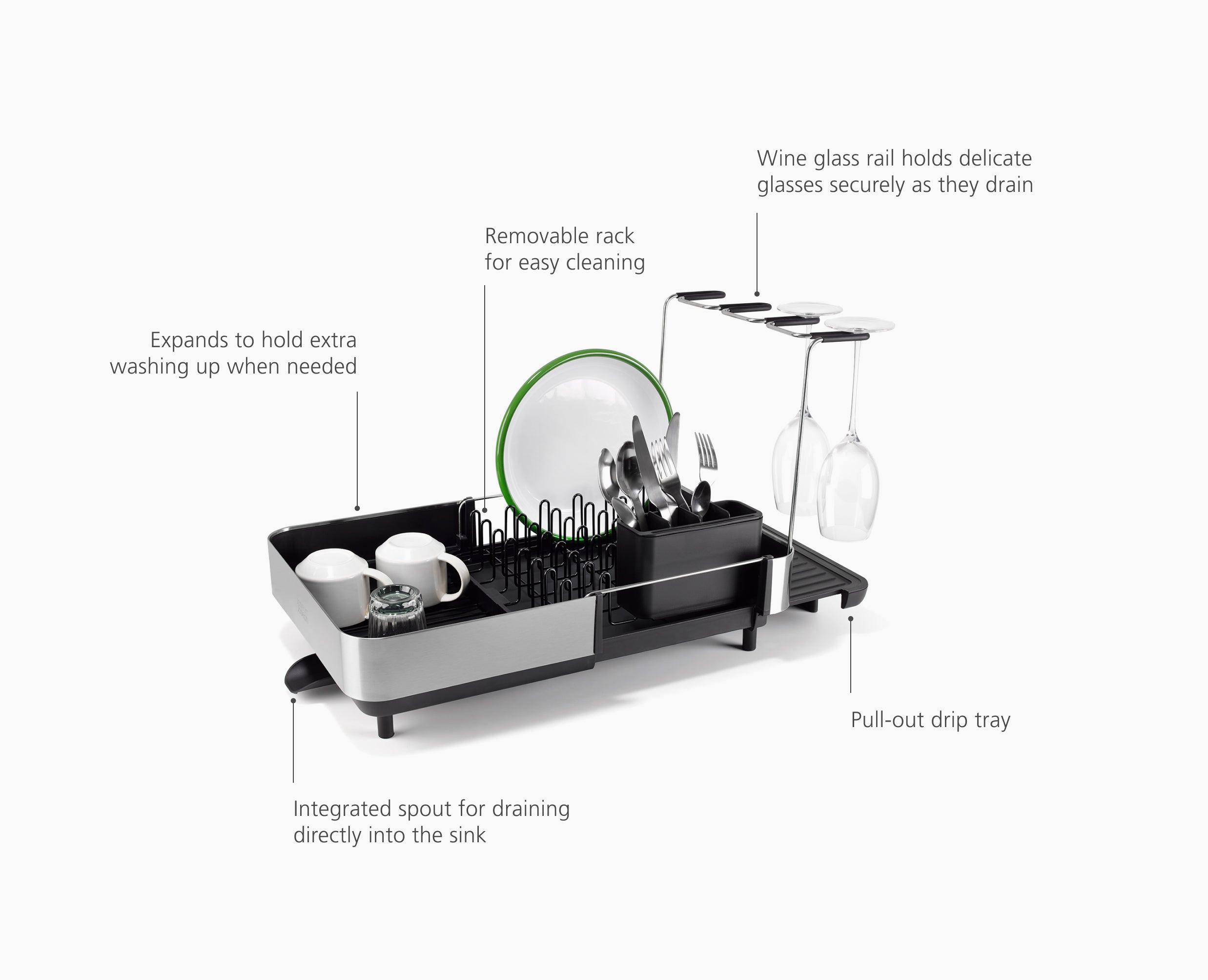 Extend™ Steel Plus Expandable Black Dish Drainer with Wine Glass Rack